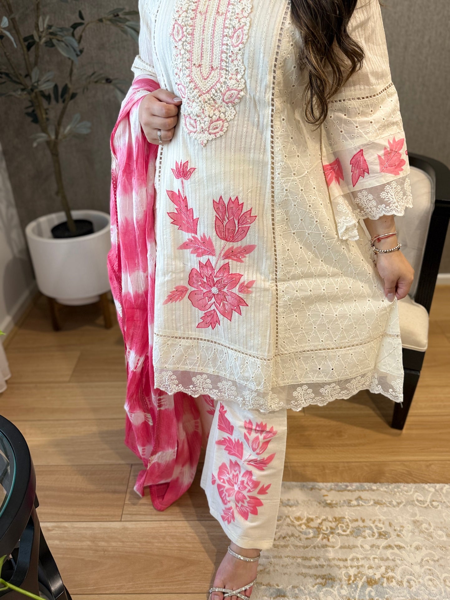 White cotton short frock Suit