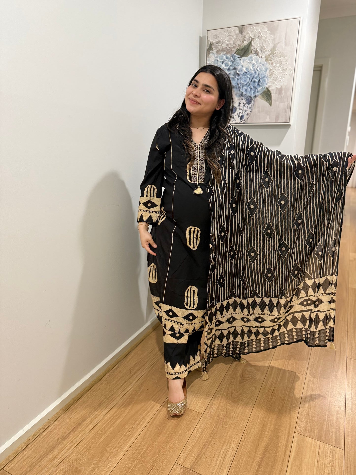 Cotton Printed Black Suit
