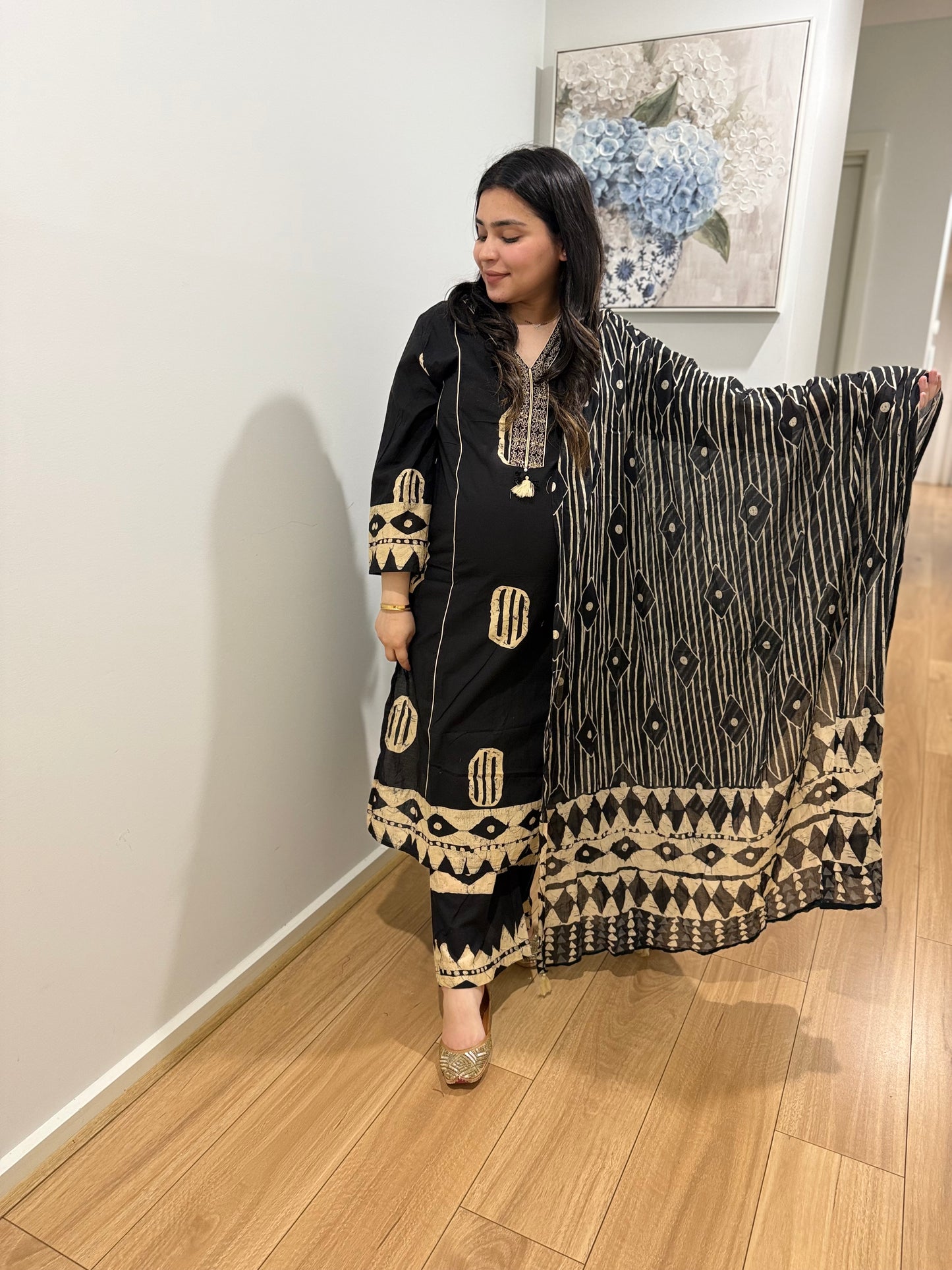 Cotton Printed Black Suit