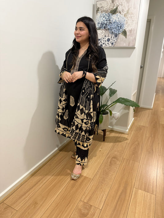 Cotton Printed Black Suit